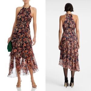 NWT A.L.C. Floral Halter Sleeveless Tiered Asymmetric Bardot Dress Multi Size 10